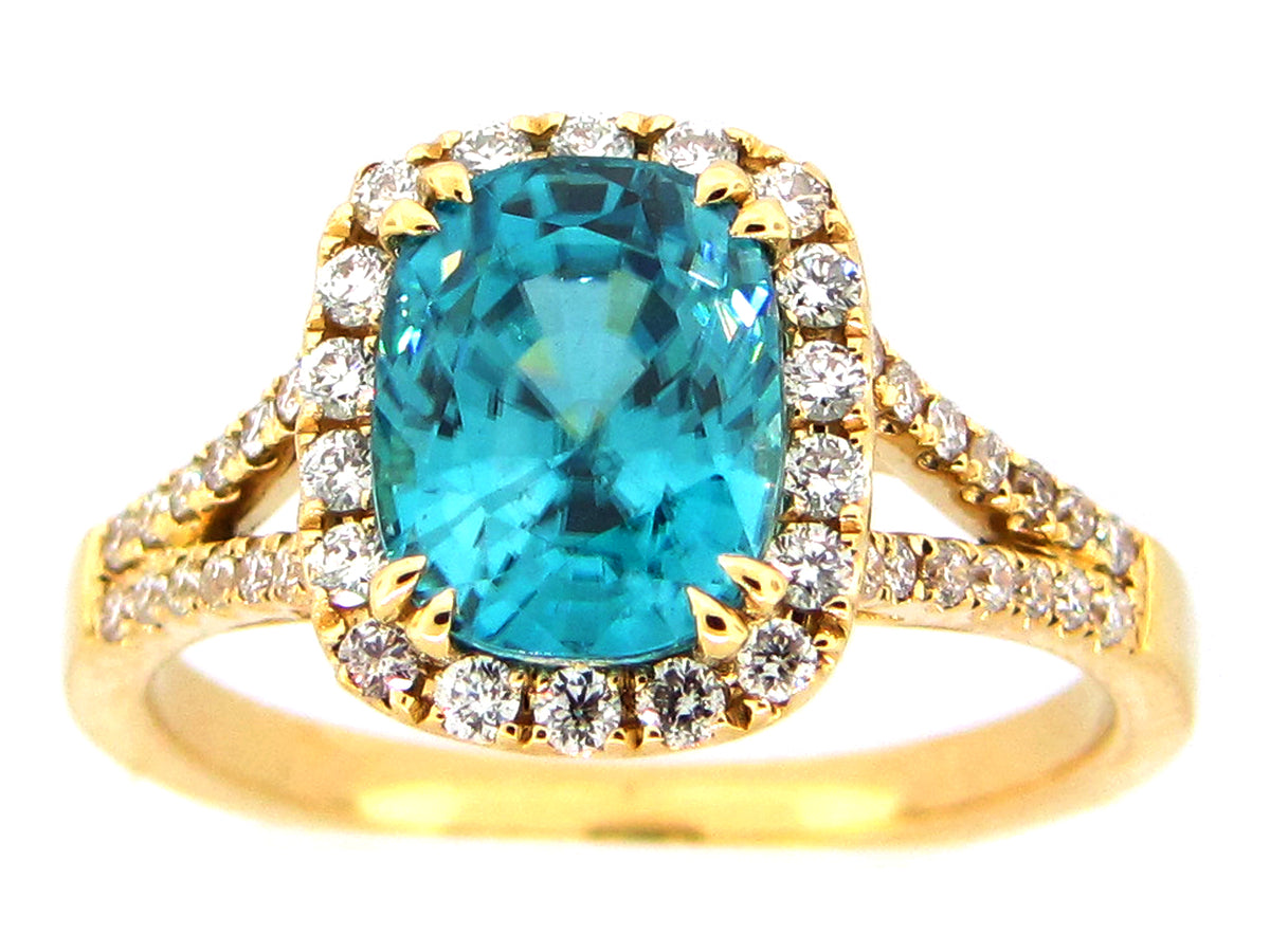 BLUE ZIRCON & DIAMOND RING, 18KY (H)