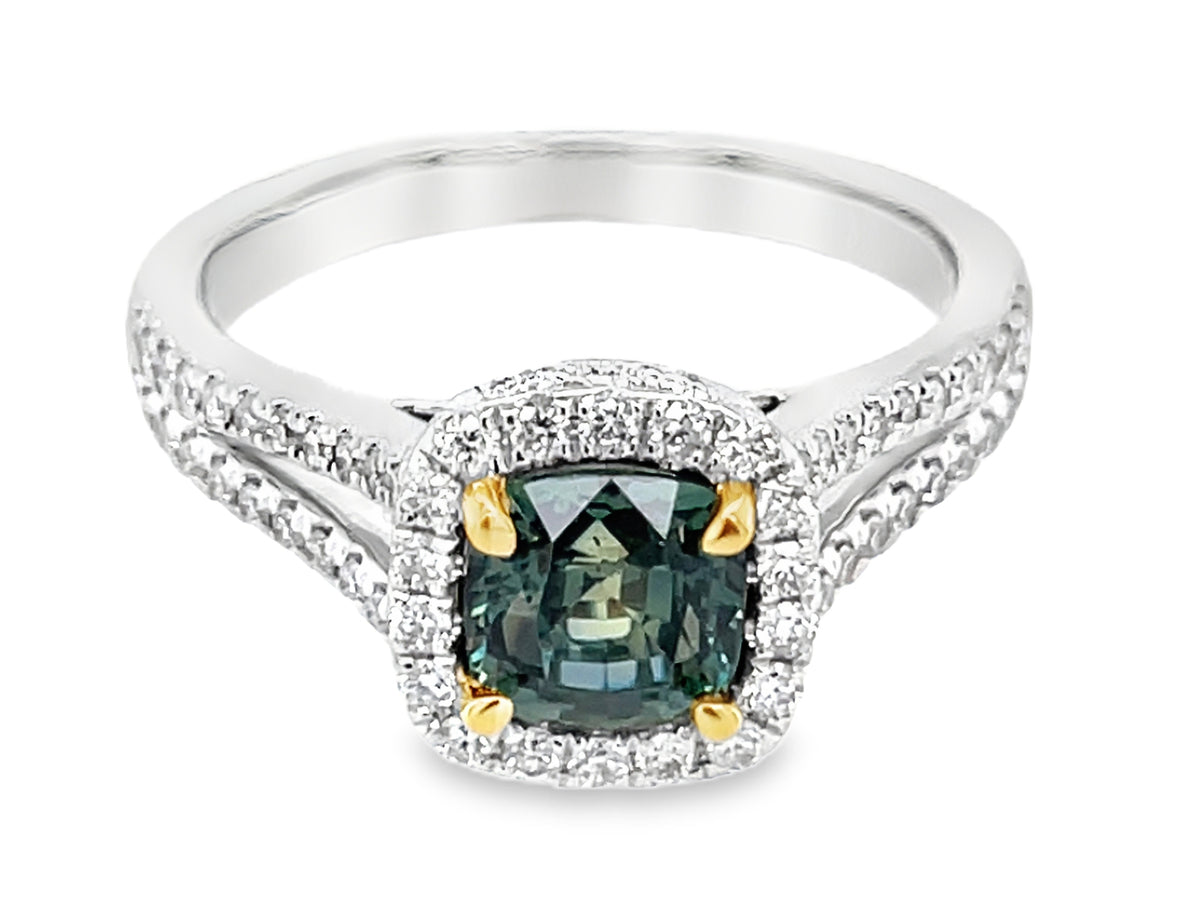 NATURAL NO HEAT GREEN SAPPHIRE CUSHION & DIAMOND HALO SPLIT SHANK RING