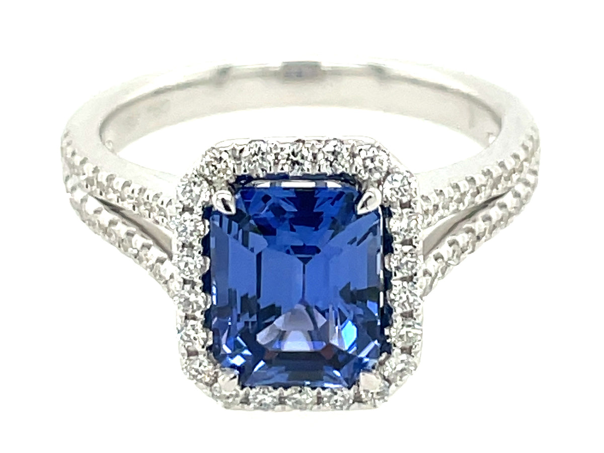 SAPPHIRE EMERALD CUT & DIAMOND HALO SPLIT SHANK RING