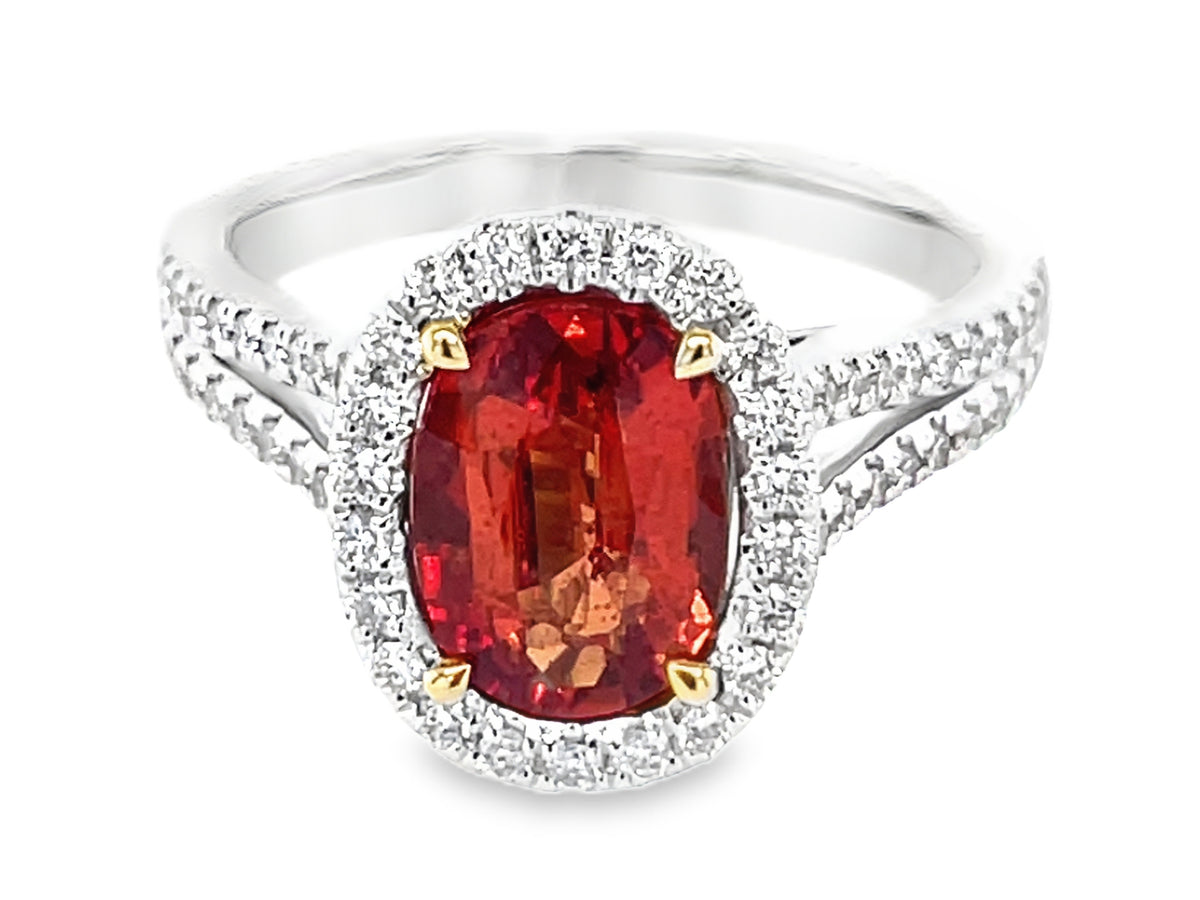 ORANGE SAPPHIRE OVAL & DIAMOND HALO SPLIT SHANK RING