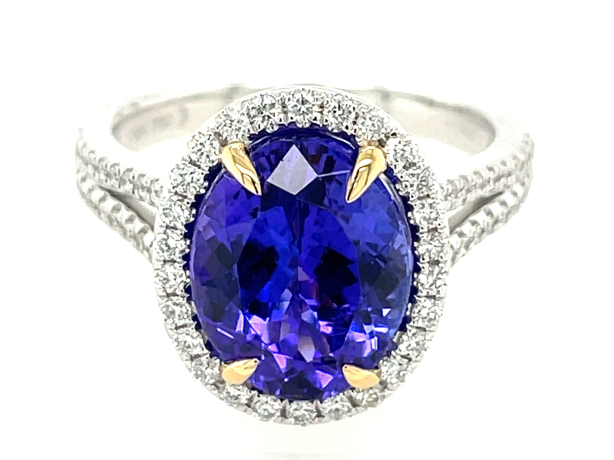 TANZANITE OVAL & DIAMOND HALO SPLIT SHANK RING