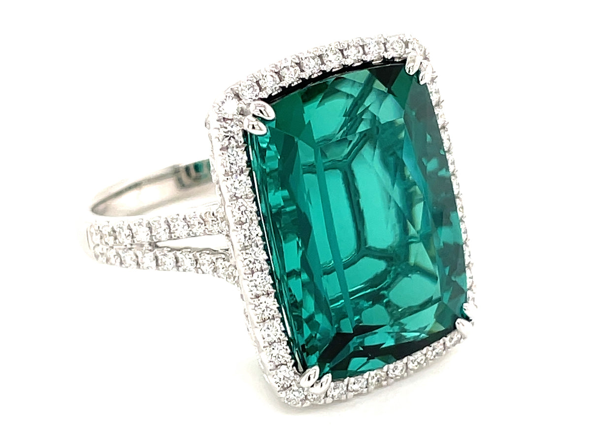 BLUE GREEN TOURMALINE & DIAMOND RING, 18KW (H)