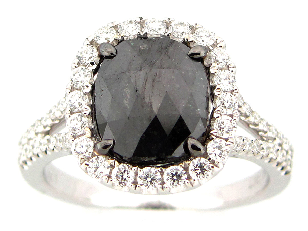 ROSE CUT BLACK & WHITE DIAMOND RING, 18KW (R)