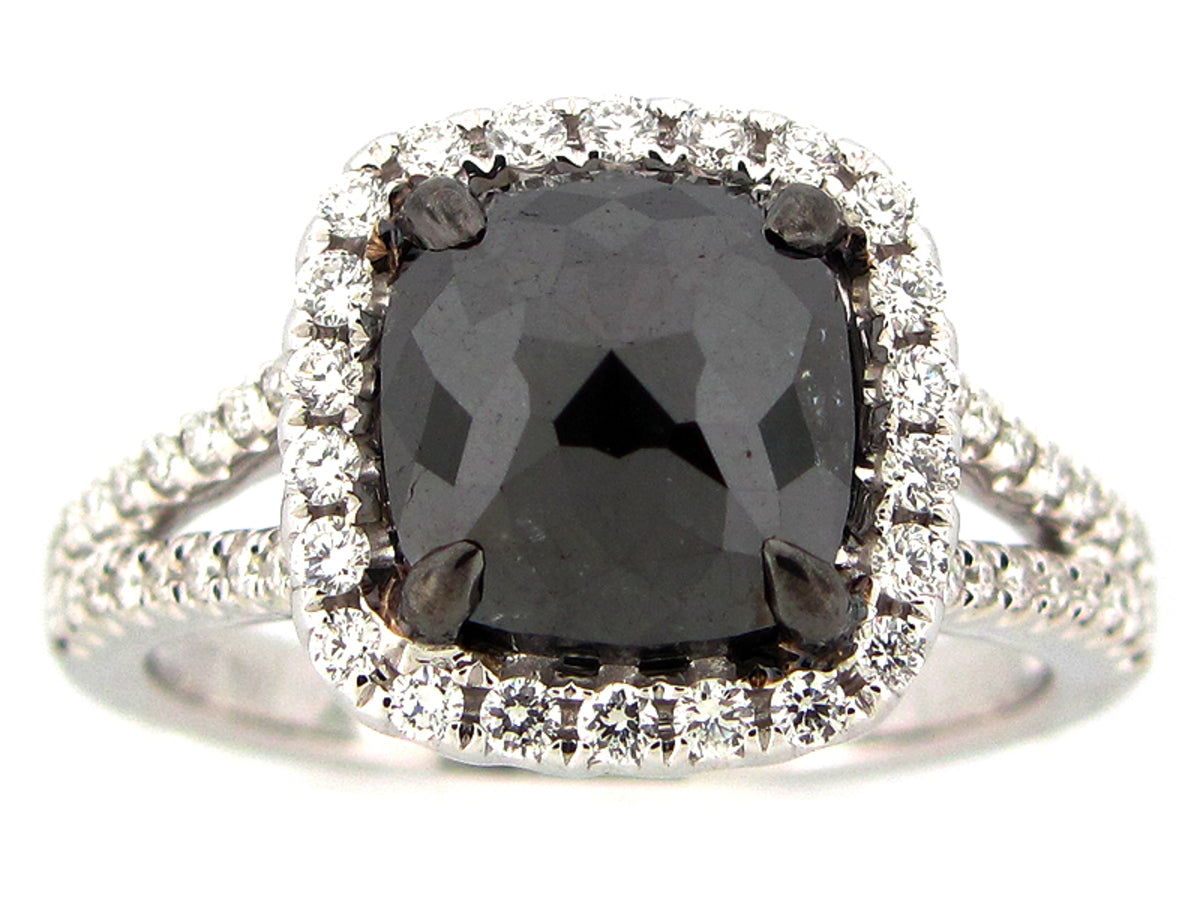 ROSE CUT BLACK & WHITE DIAMOND RING, 18KW (R)