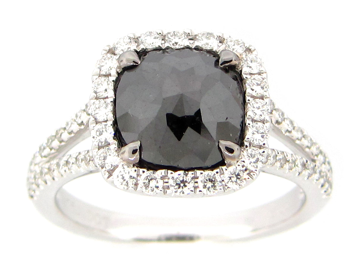 ROSE CUT BLACK & WHITE DIAMOND RING, 18KW (R)