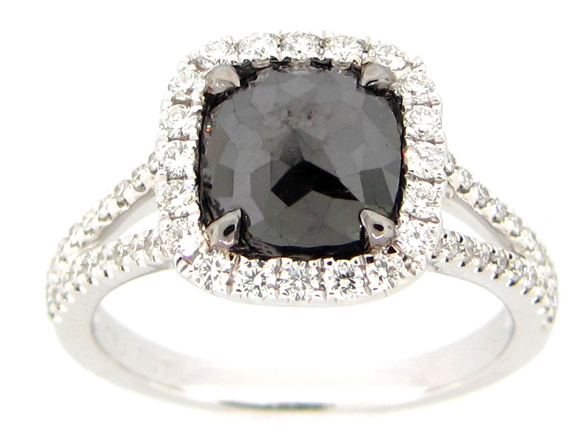 ROSE CUT BLACK & WHITE DIAMOND RING, 18KW (R)