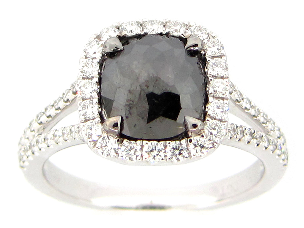 ROSE CUT BLACK & WHITE DIAMOND RING, 18KW (R)
