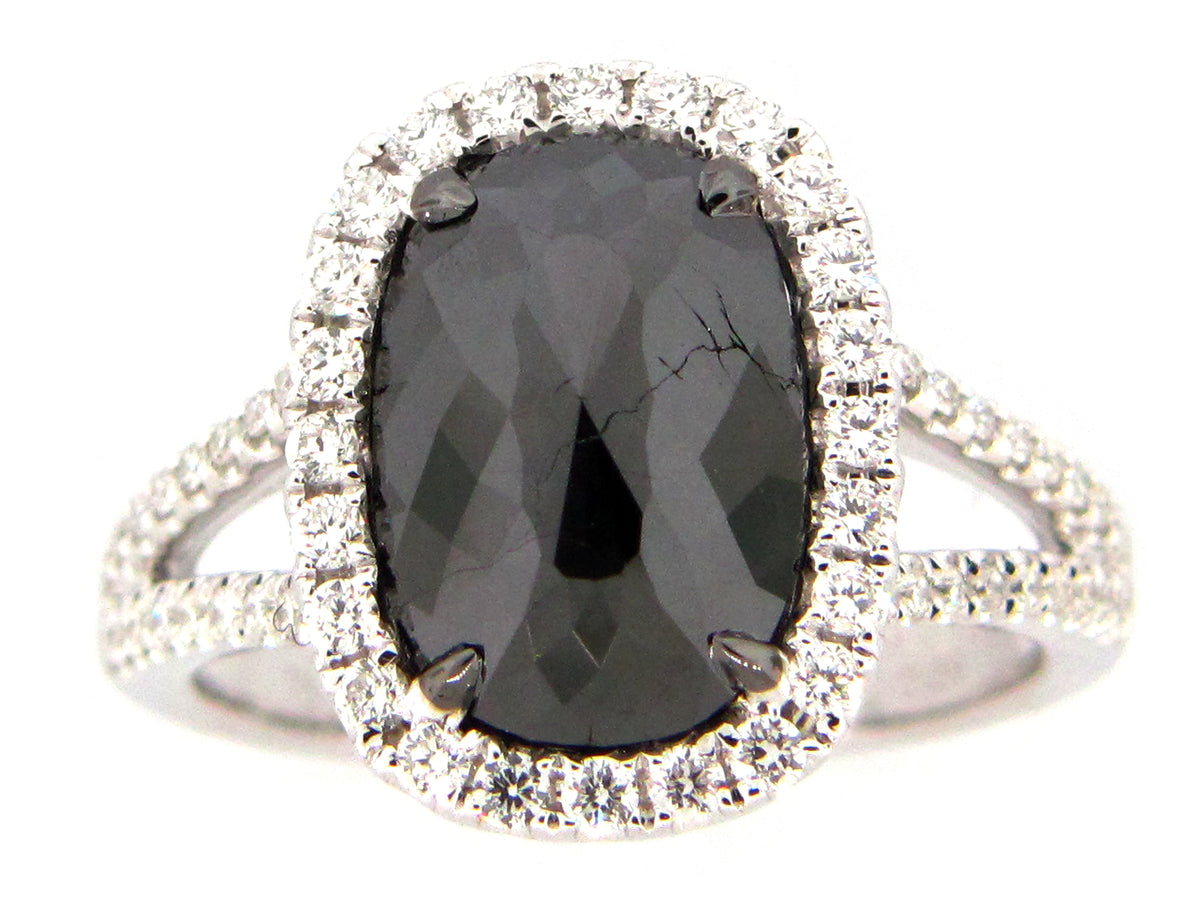 ROSE CUT BLACK & WHITE DIAMOND RING, 18KW (R)