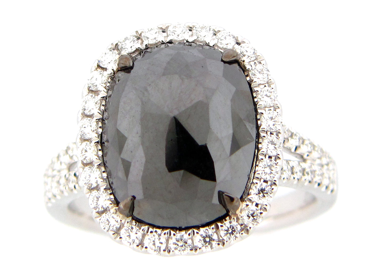 ROSE CUT BLACK & WHITE DIAMOND RING, 18KW (R)