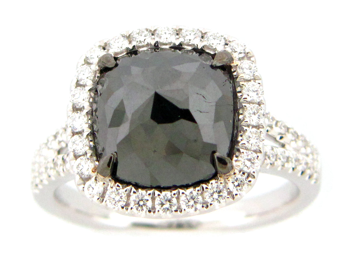 ROSE CUT BLACK & WHITE DIAMOND RING, 18KW (R)