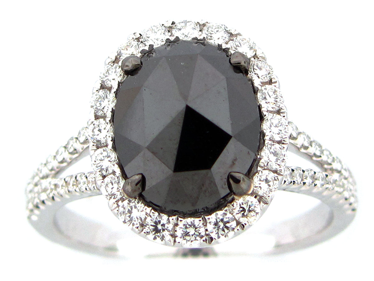ROSE CUT BLACK & WHITE DIAMOND RING, 18KW (R)