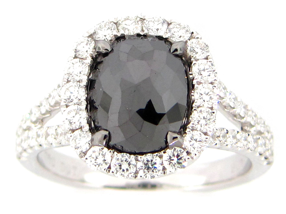 ROSE CUT BLACK & WHITE DIAMOND RING, 18KW (R)