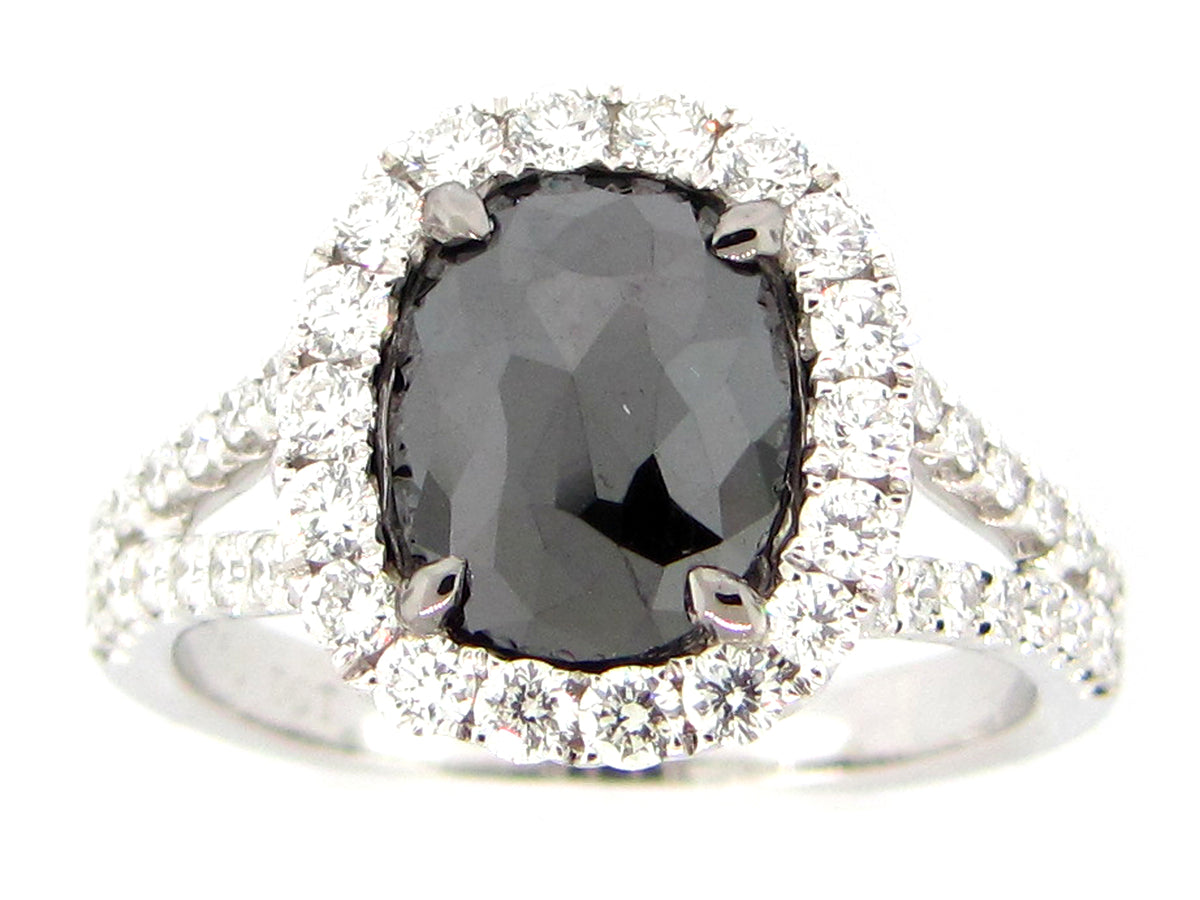 ROSE CUT BLACK & WHITE DIAMOND RING, 18KW (R)