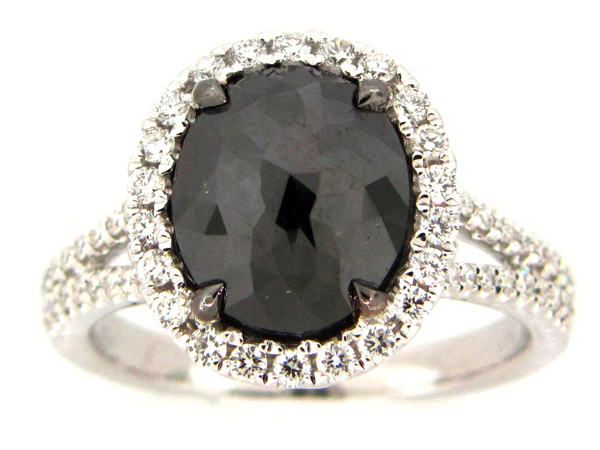 ROSE CUT BLACK & WHITE DIAMOND RING, 18KW (R)