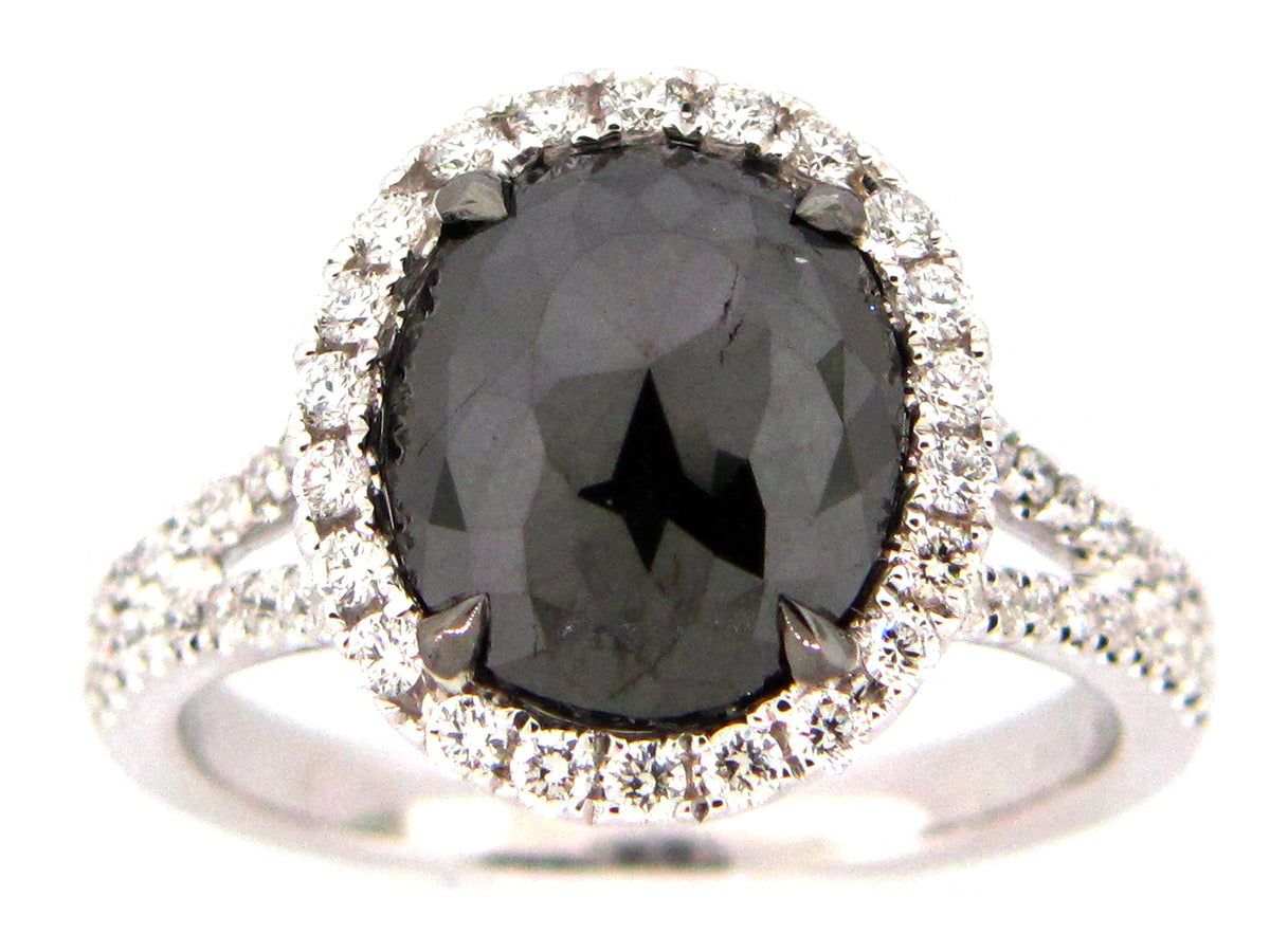 ROSE CUT BLACK & WHITE DIAMOND RING, 18KW (R)