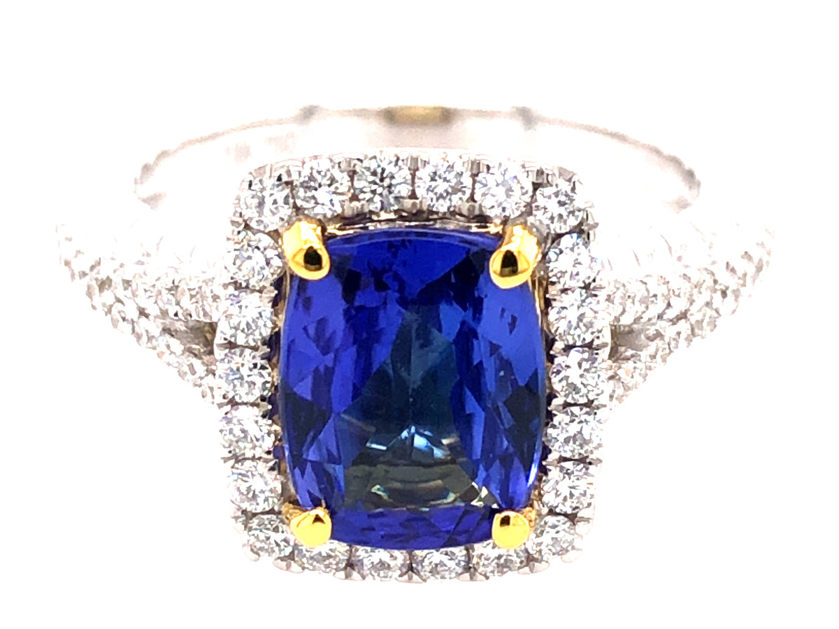 TANZANITE CUSHION & DIAMOND HALO SPLIT SHANK RING