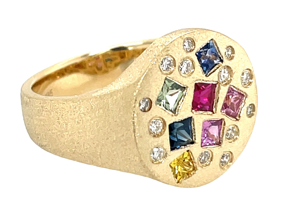 RAINBOW SAPPHIRE PRINCESS & DIAMOND ROUND SIGNET RING, 14.4 MM, SATIN FINISH