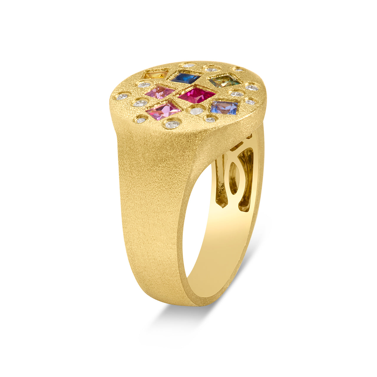 Rainbow Sapphire Princess & Diamond Scatter Signet Ring