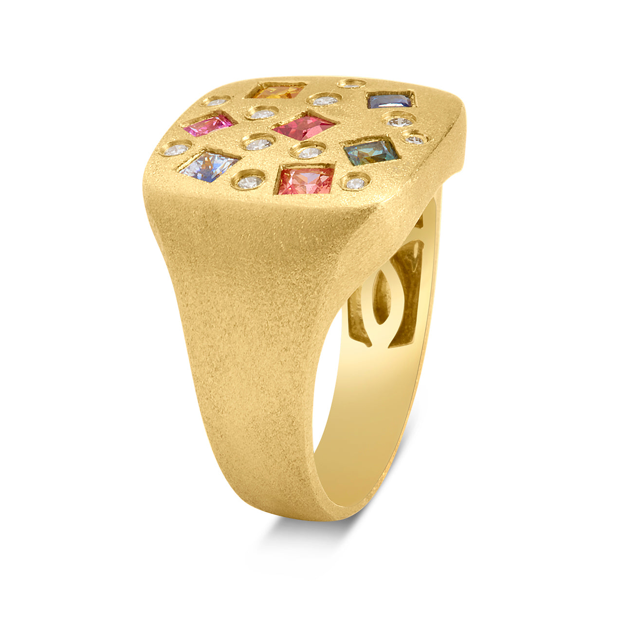 Rainbow Sapphire Princess & Diamond Scatter Cushion Signet Ring