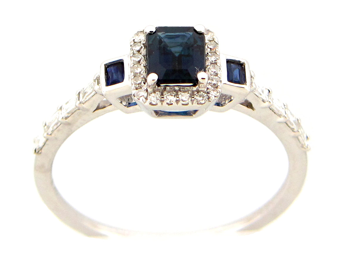 SAPPHIRE & DIAMOND HALO 3 STONE RING, 14KW (H)