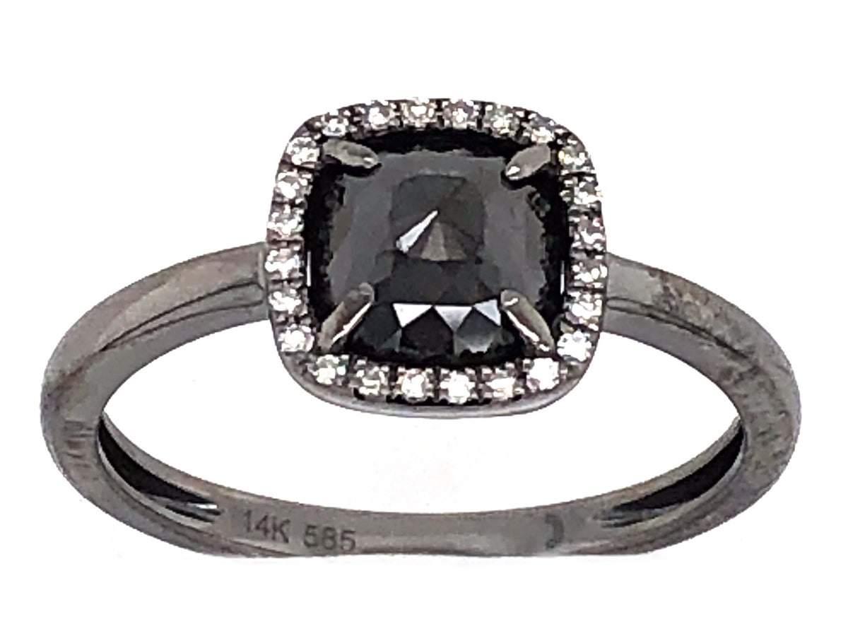 ROSE CUT BLACK CUSHION & WHITE DIAMOND HALO RING, 14K BLACK FINISH (R)