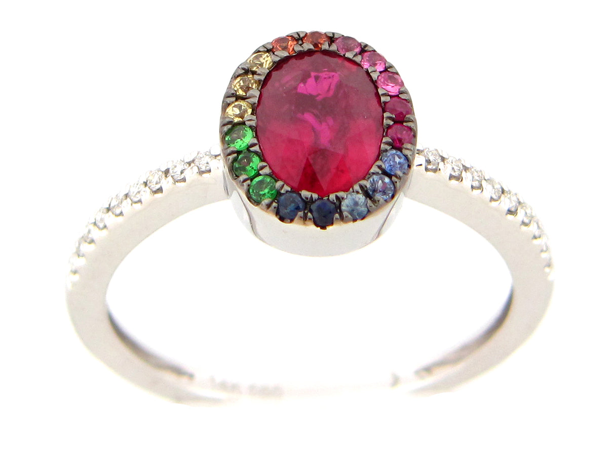 RUBY OVAL & RAINBOW SAPPHIRE HALO & DIAMOND RING, 14KW (H/U)