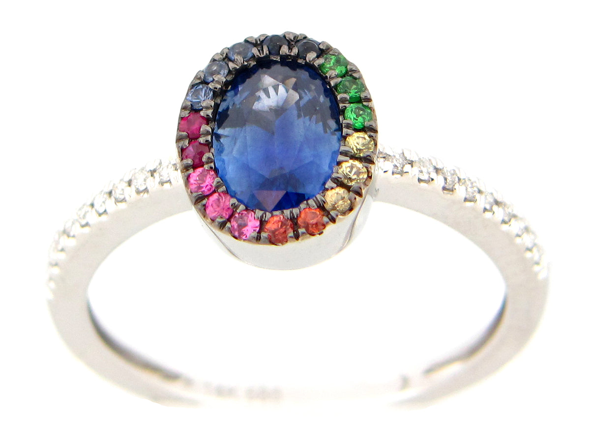 SAPPHIRE OVAL & RAINBOW SAPPHIRE HALO & DIAMOND RING, 14KW (H/U)