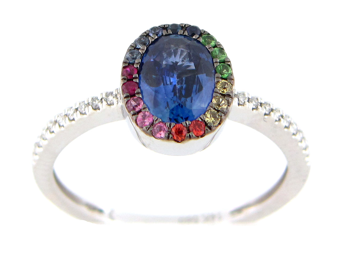 SAPPHIRE OVAL & RAINBOW SAPPHIRE HALO & DIAMOND RING, 14KW (H/U)