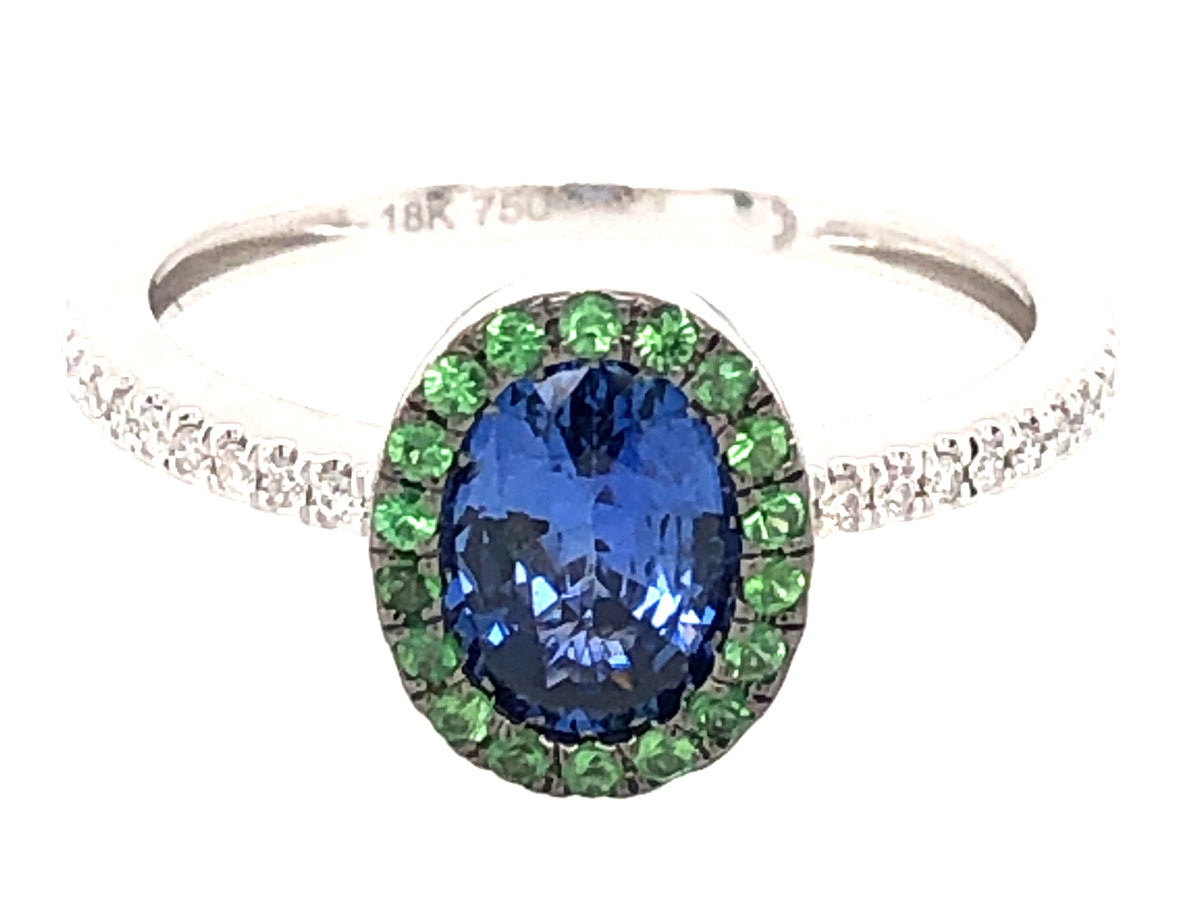 SAPPHIRE OVAL & TSAVORITE HALO & DIAMOND RING, 18KW (H/N)