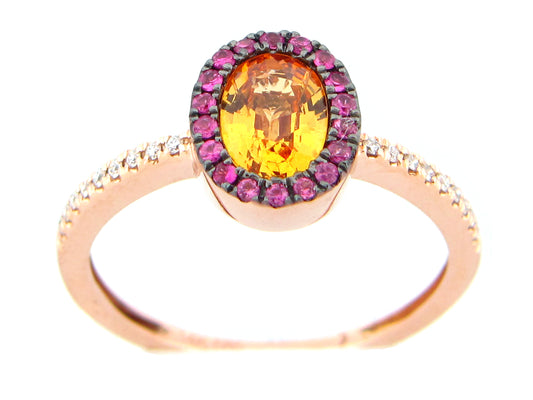 YELLOW SAPPHIRE OVAL & PINK SAPPHIRE HALO & DIAMOND RING, 14KR (H/U)
