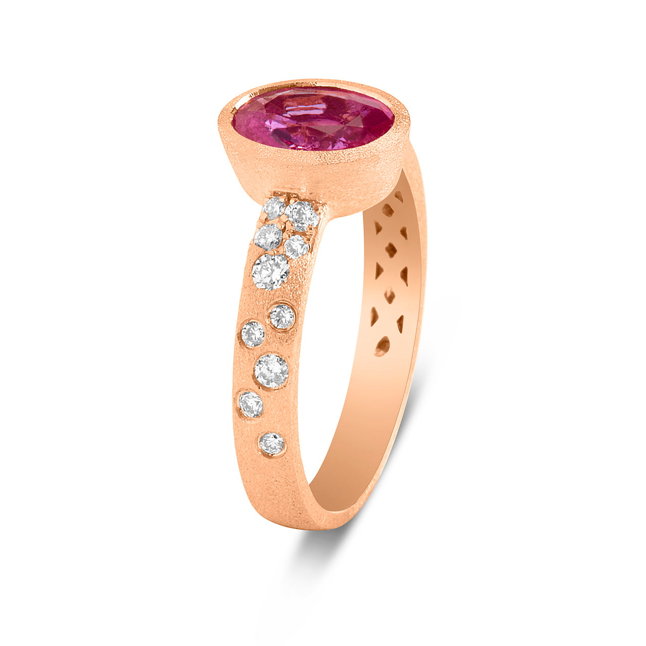 Pink Sapphire Oval Diamond Confetti Bezel Ring, Satin Finish
