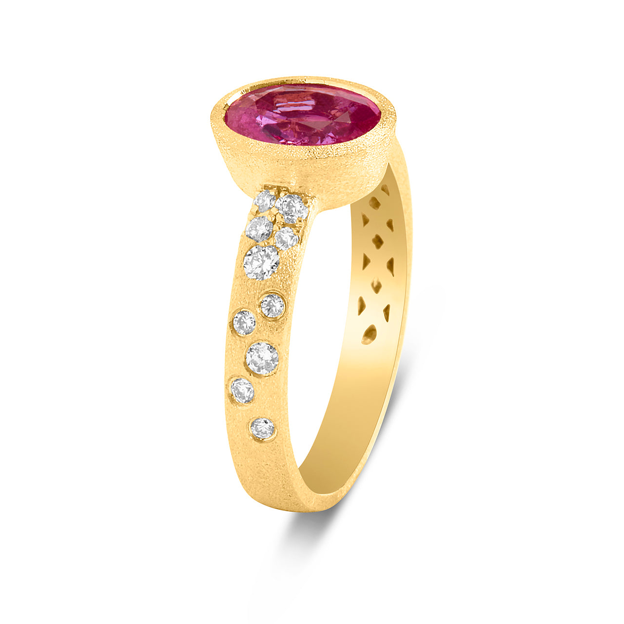 Pink Sapphire Oval Diamond Confetti Bezel Ring, Satin Finish