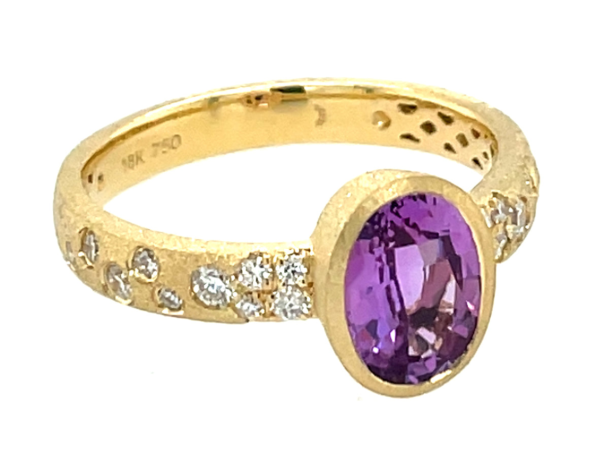 Purple Sapphire Oval Diamond Confetti Bezel Ring, Satin Finish