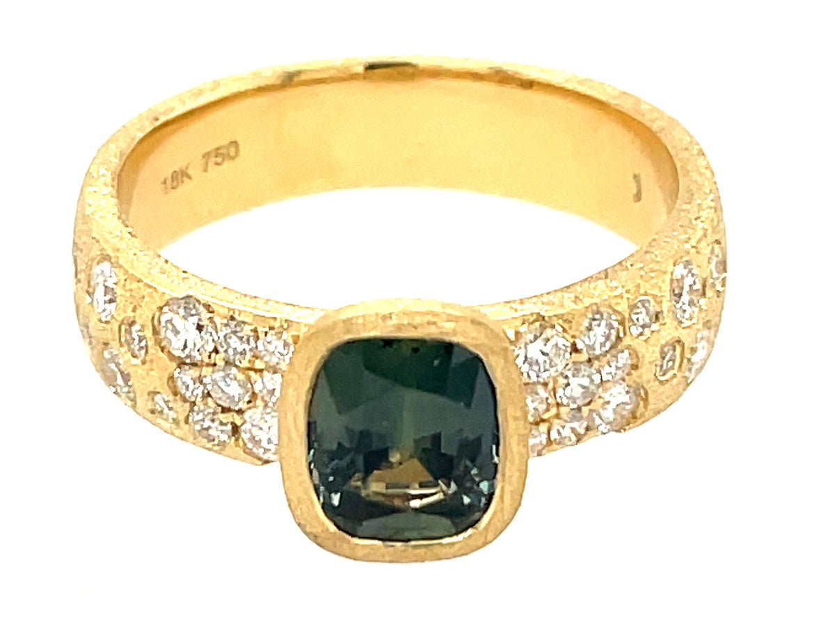 NATURAL NO HEAT GREEN SAPPHIRE CUSHION & DIAMOND CONFETTI BEZEL RING, SATIN FINISH
