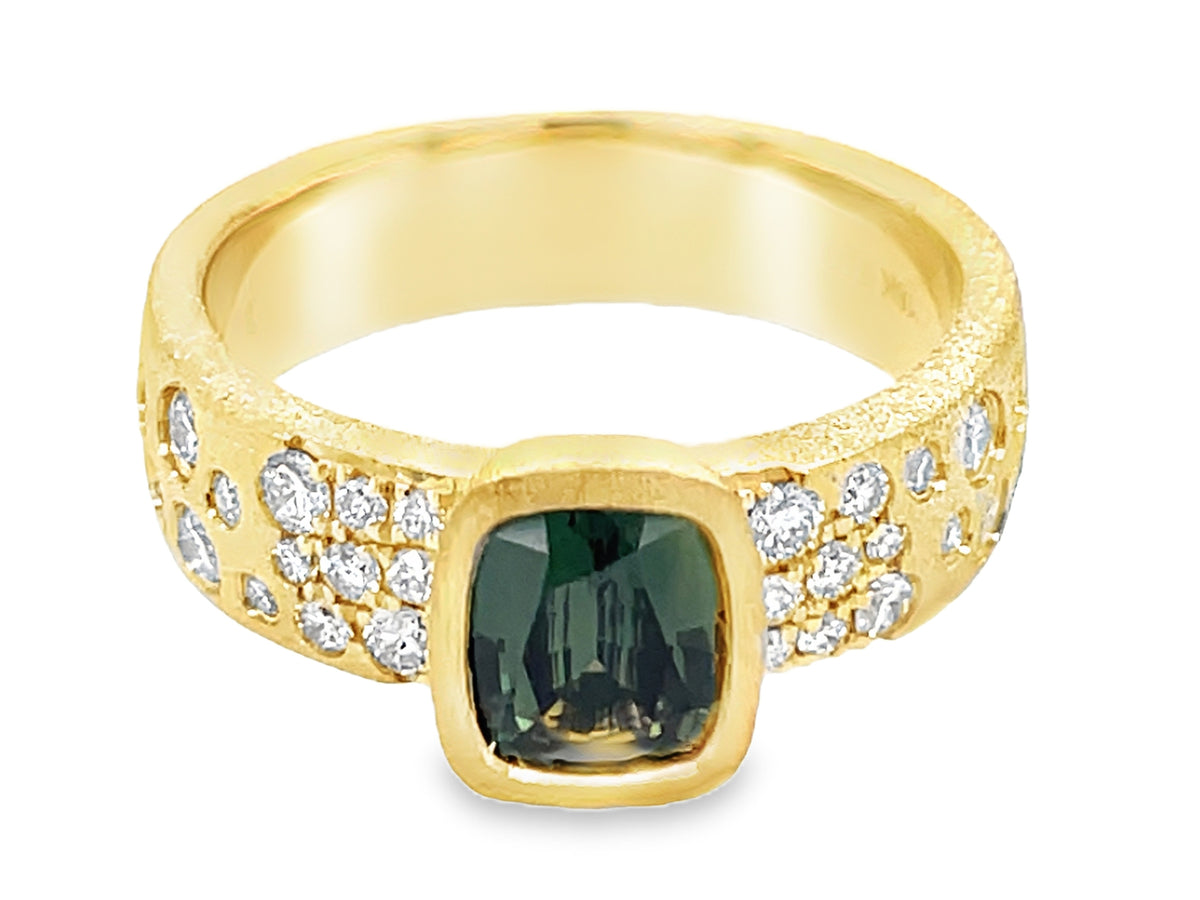 NATURAL NO HEAT GREEN SAPPHIRE CUSHION & DIAMOND CONFETTI BEZEL RING, SATIN FINISH