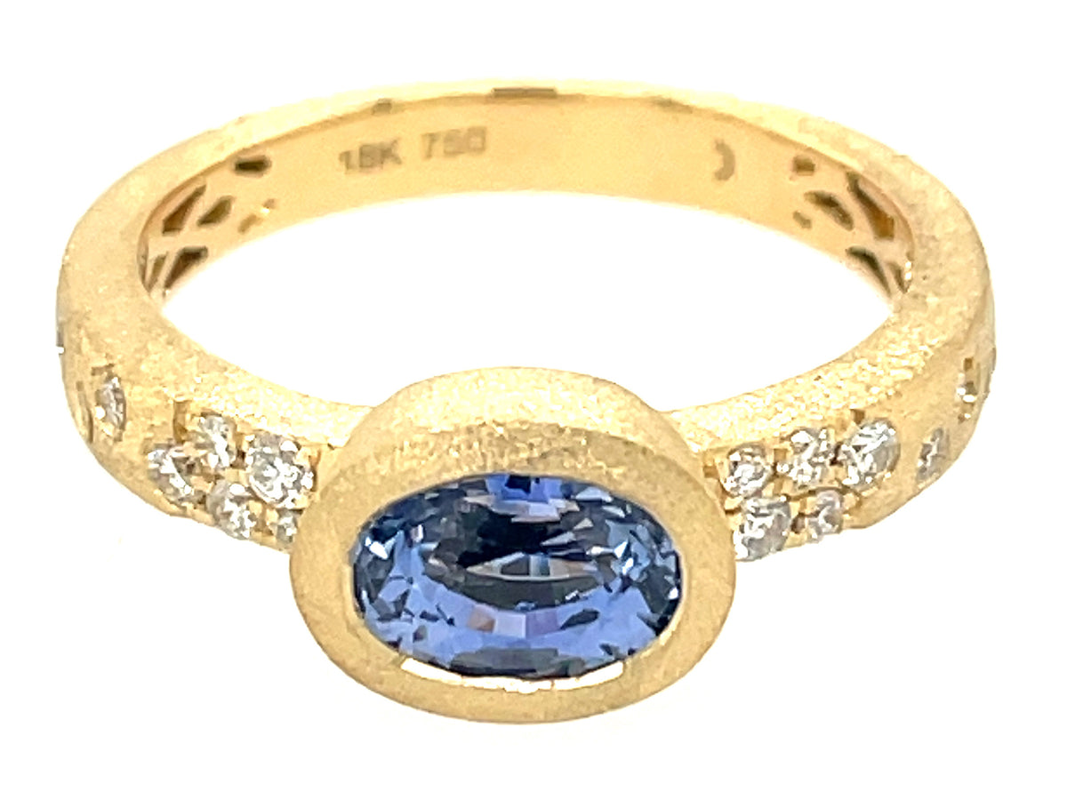 SAPPHIRE OVAL BEZEL & DIAMOND SHANK RING, SATIN FINISH