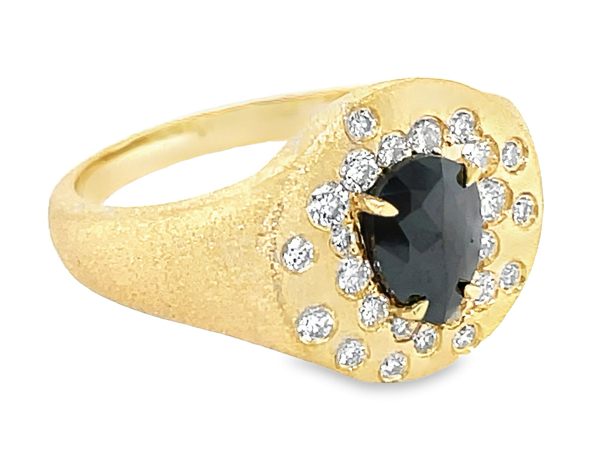 BLACK PEAR & WHITE DIAMOND CONFETTI SIGNET RING, SATIN FINISH