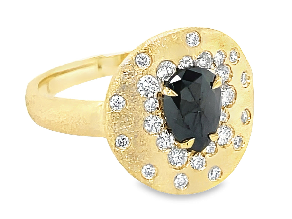 BLACK PEAR & WHITE DIAMOND CONFETTI SHIELD RING, SATIN FINISH
