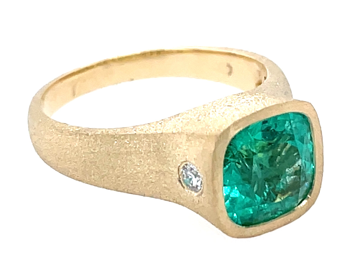 Emerald Cushion Diamond Bezel Ring, Satin Finish