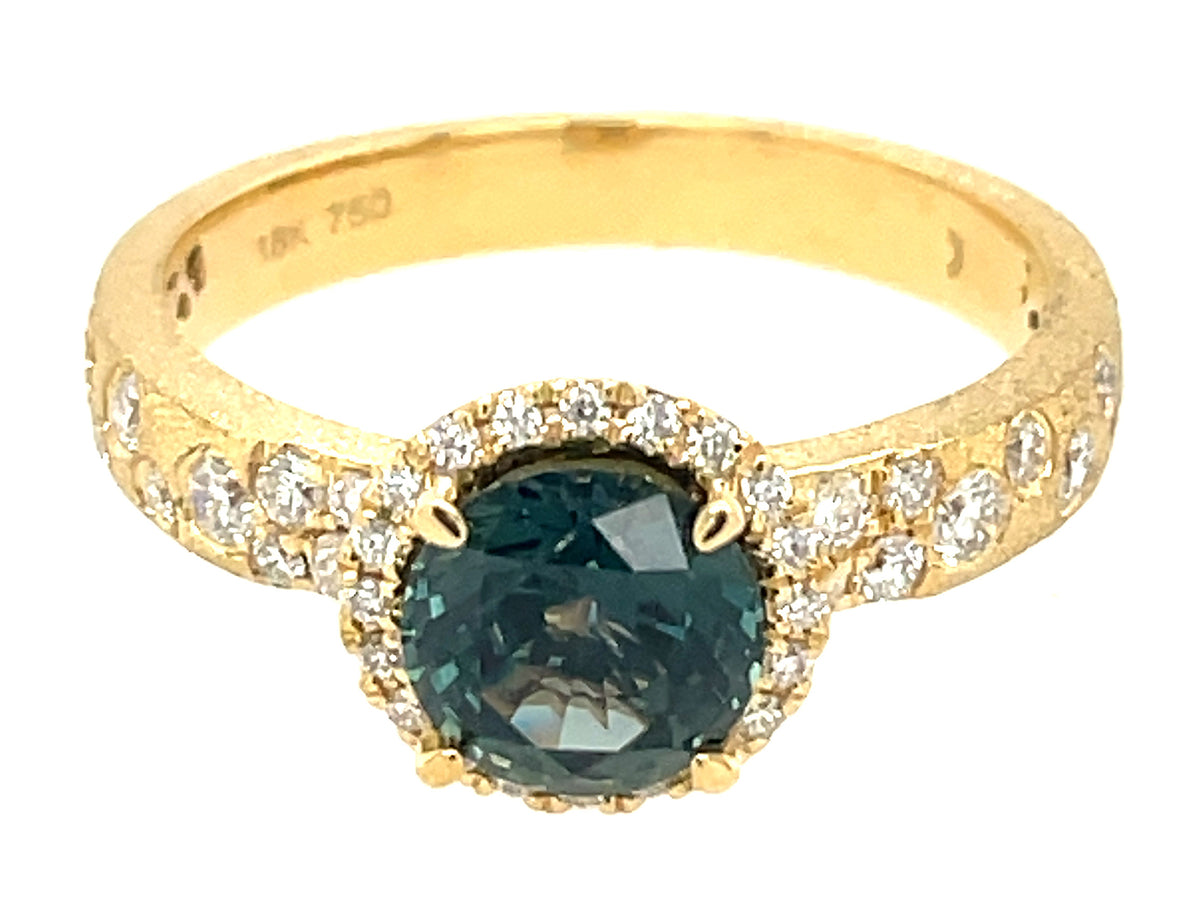 NATURAL NO HEAT GREEN SAPPHIRE ROUND & DIAMOND CONFETTI HALO RING, SATIN FINISH
