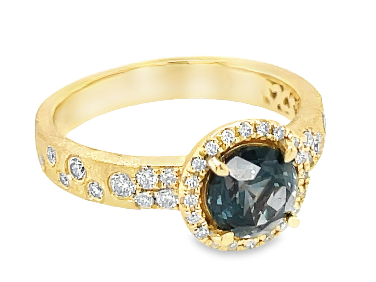 NATURAL NO HEAT GREEN SAPPHIRE ROUND & DIAMOND CONFETTI HALO RING, SATIN FINISH