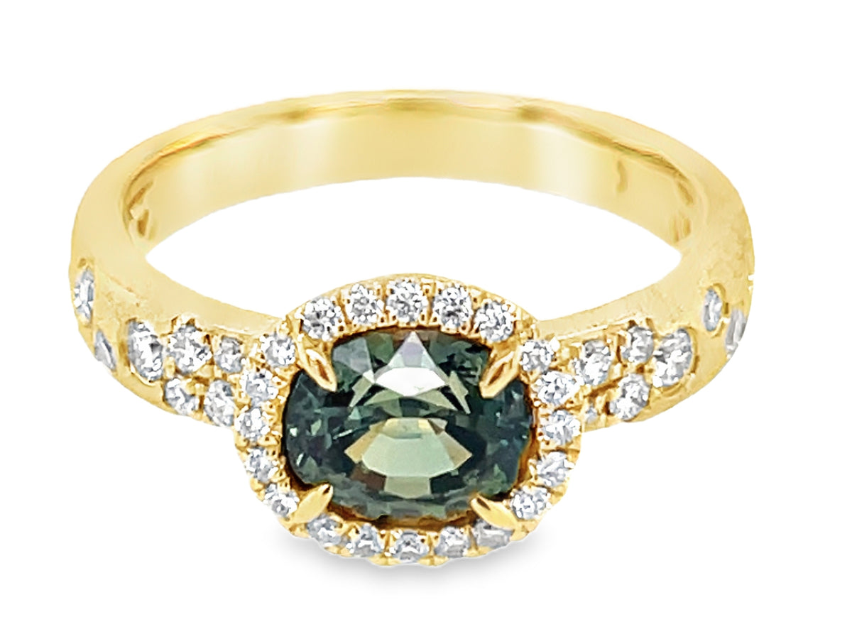 NATURAL NO HEAT GREEN SAPPHIRE OVAL & DIAMOND CONFETTI HALO RING, SATIN FINISH