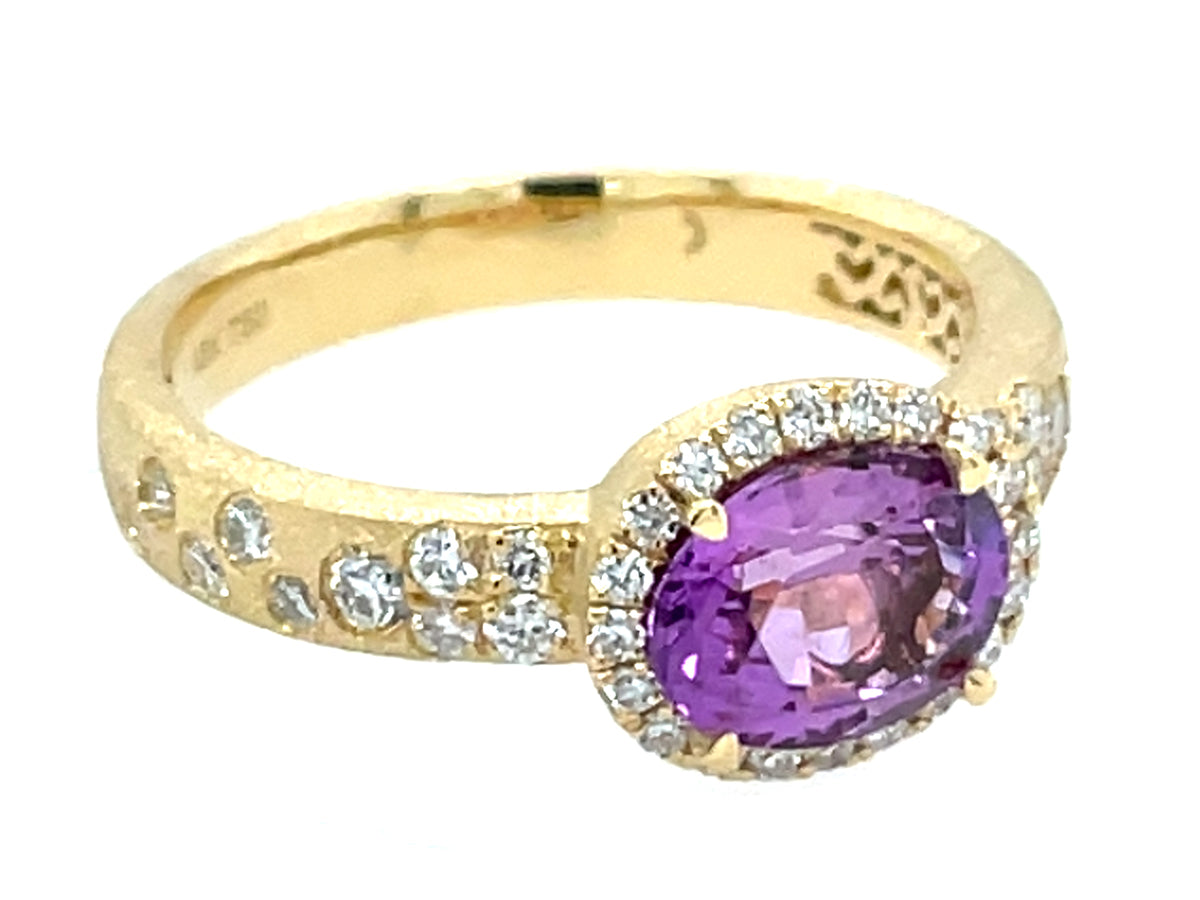 Purple Sapphire Oval Diamond Halo Confetti Ring, Satin Finish