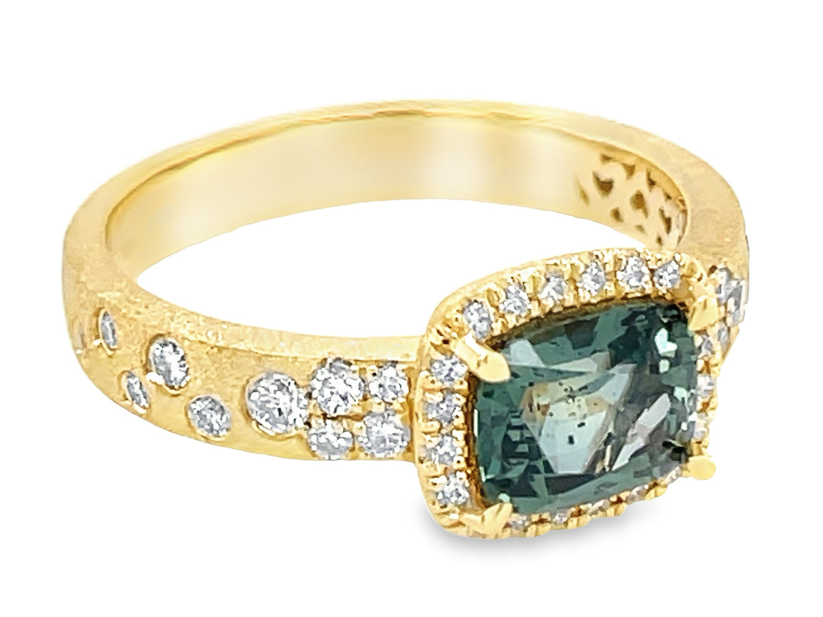 NATURAL NO HEAT GREEN SAPPHIRE CUSHION & DIAMOND CONFETTI HALO RING, SATIN FINISH