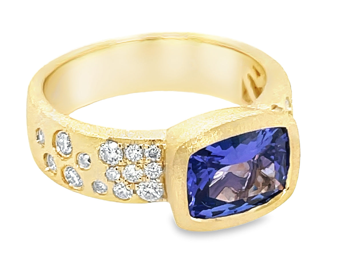 TANZANITE CUSHION & DIAMOND CONFETTI BEZEL RING, SATIN FINISH