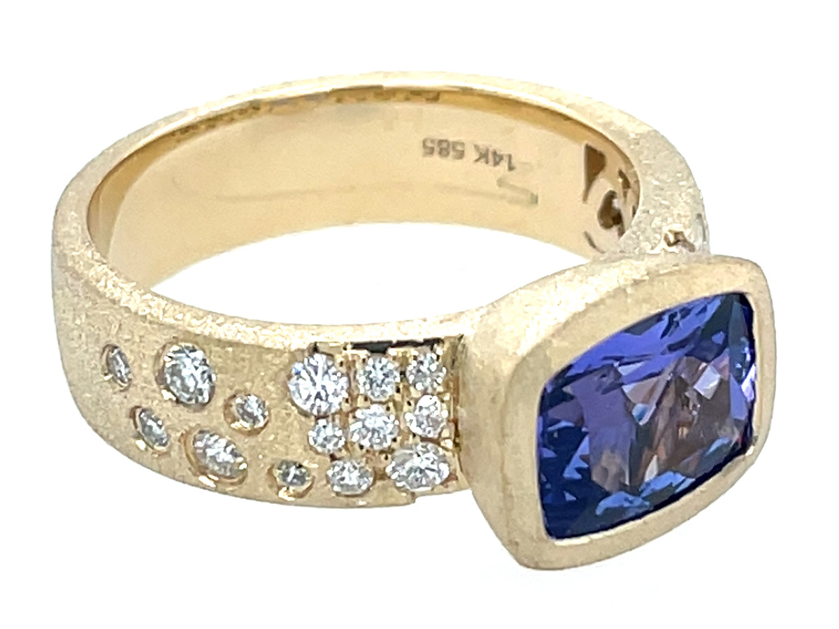 Tanzanite Cushion Diamond Confetti Bezel Ring, Satin Finish