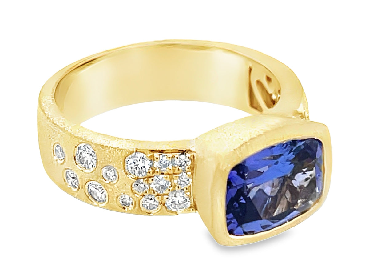 TANZANITE CUSHION & DIAMOND CONFETTI BEZEL RING, SATIN FINISH