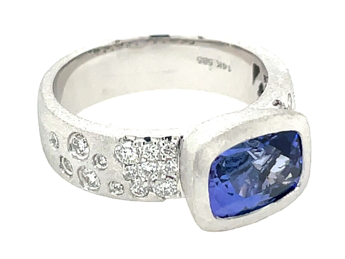 Tanzanite Cushion Diamond Confetti Bezel Ring, Satin Finish