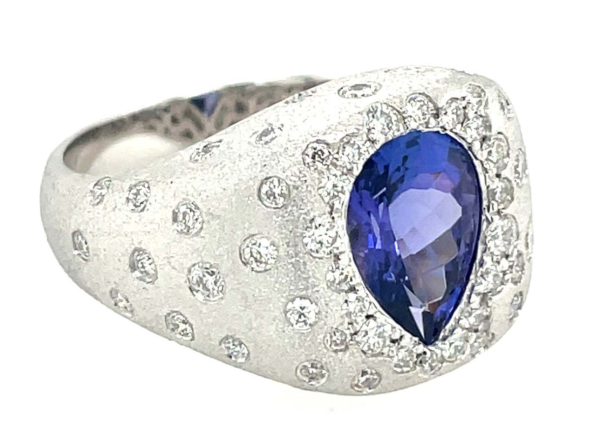 Tanzanite Pear Diamond Confetti Block Ring, Satin Finish