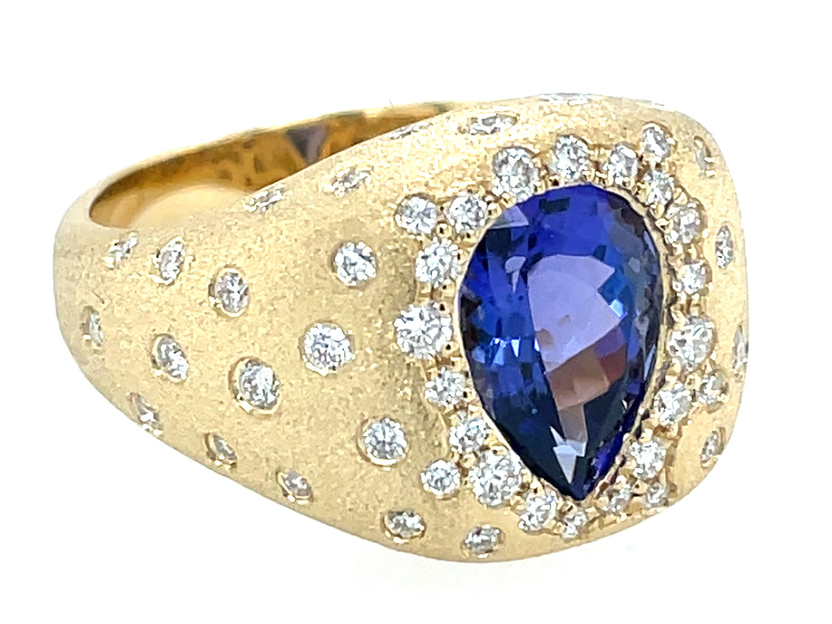 Tanzanite Pear Diamond Confetti Block Ring, Satin Finish